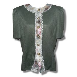 Vintage Green Floral Lace Trim Button Shirt